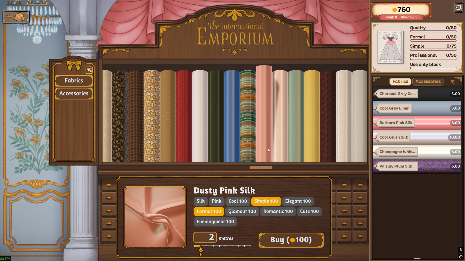 The fabric emporium in Dressmaker: bolts on shelves with attribute tags and prices